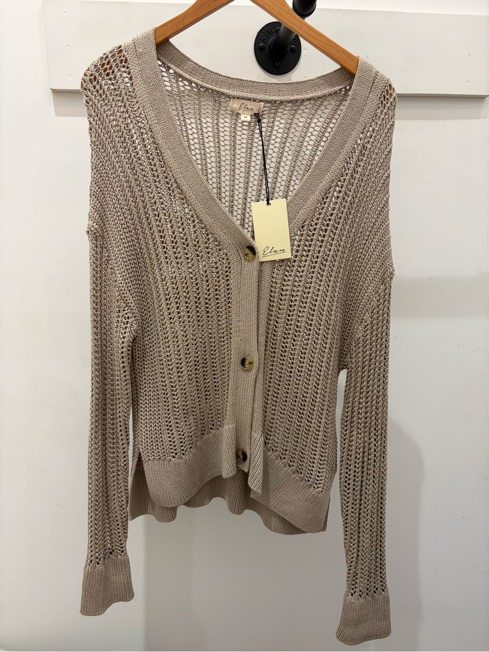 Elan Open-Weave Button Front Cardigan - Taupe Beige PM